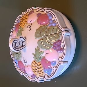 Vintage Trinket Dish Candy Bowl with Lid Hand Painted Pineapples Grapes Cherries